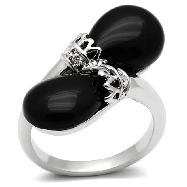 Women Rhodium Brass Ring with Semi-Precious in Jet - Size 7