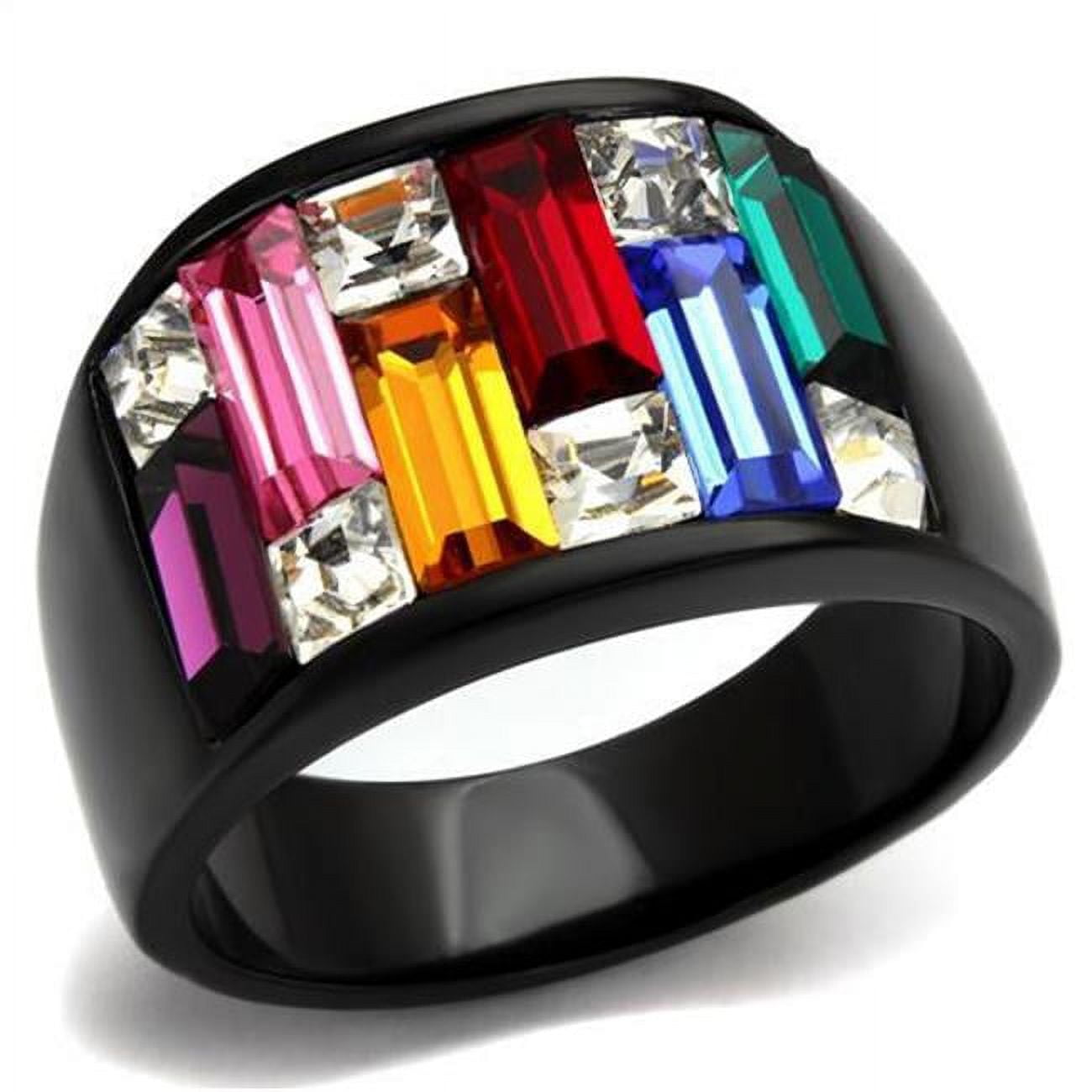 Women IP Black Stainless Steel Ring with Top Grade Crystal in Multi Color - Size 10