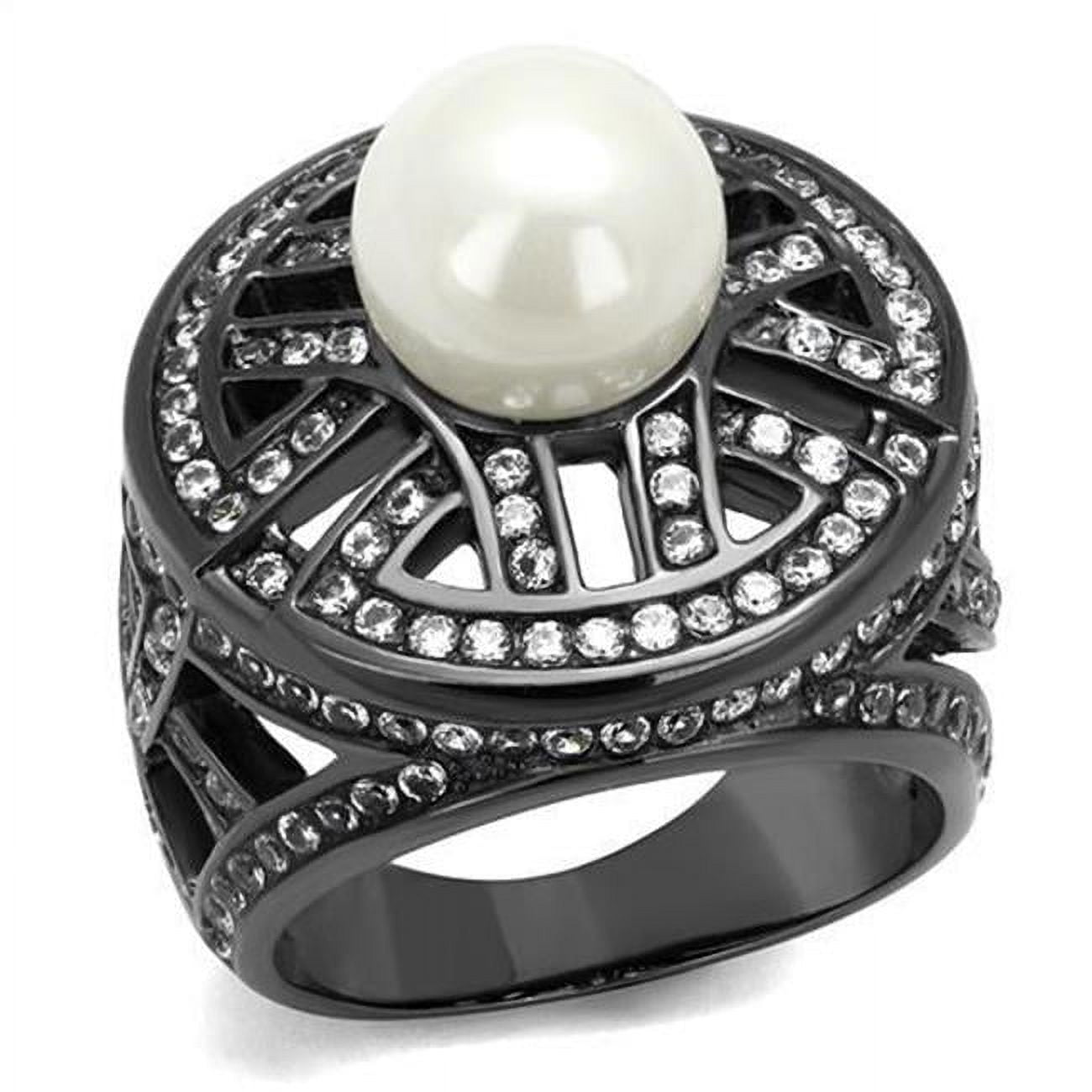 Women IP Light Black Stainless Steel Ring with Synthetic in White - Size 10