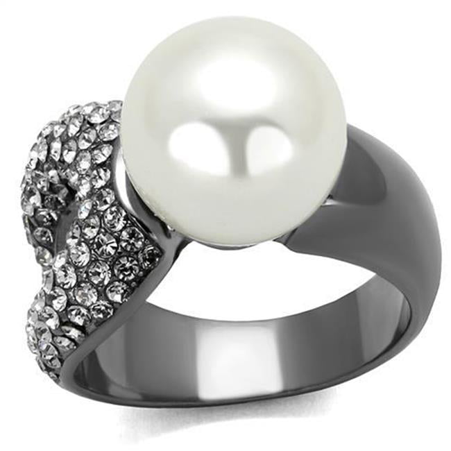 Women IP Light Black Stainless Steel Ring with Synthetic in White - Size 8