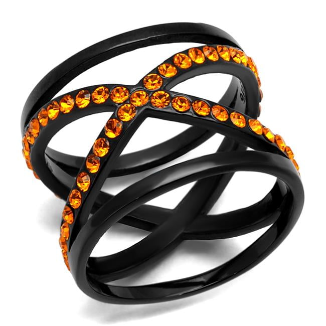 Women IP Black Stainless Steel Ring with Top Grade Crystal in Orange - Size 5