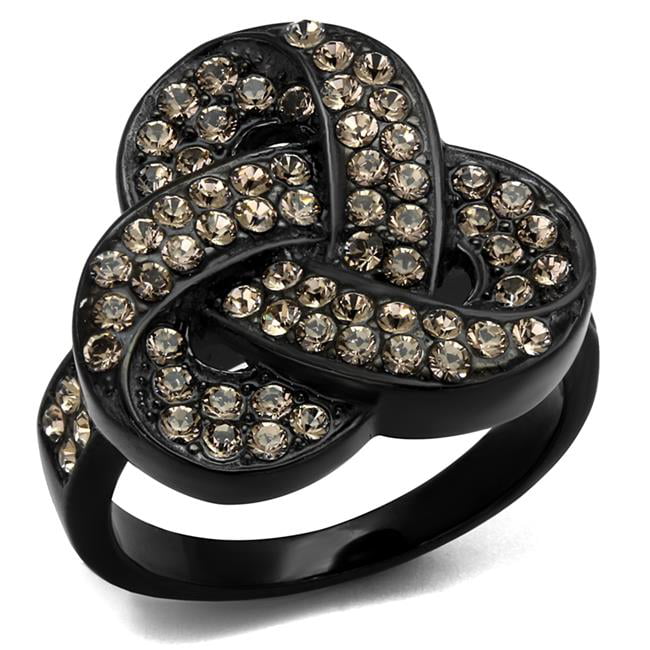 Women IP Black Stainless Steel Ring with Top Grade Crystal in Light Smoked - Size 8