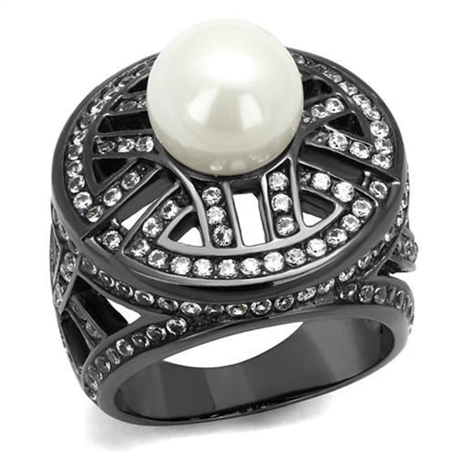 Women IP Light Black Stainless Steel Ring with Synthetic in White - Size 6