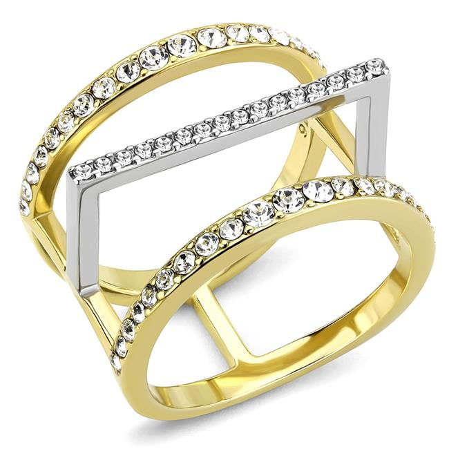 TK3593-6 Women Two-Tone IP Gold Stainless Steel Ring with Top Grade Crystal in Clear - Size 6