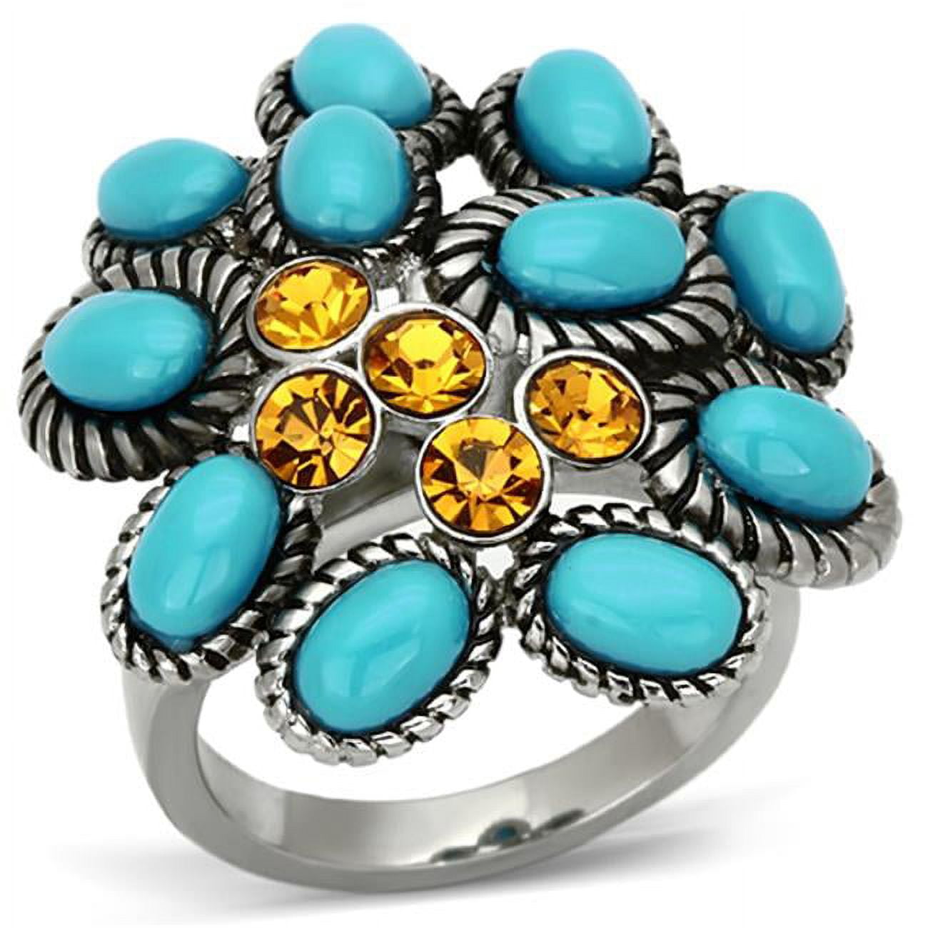 Women High Polished Stainless Steel Ring with Synthetic in Turquoise - Size 5