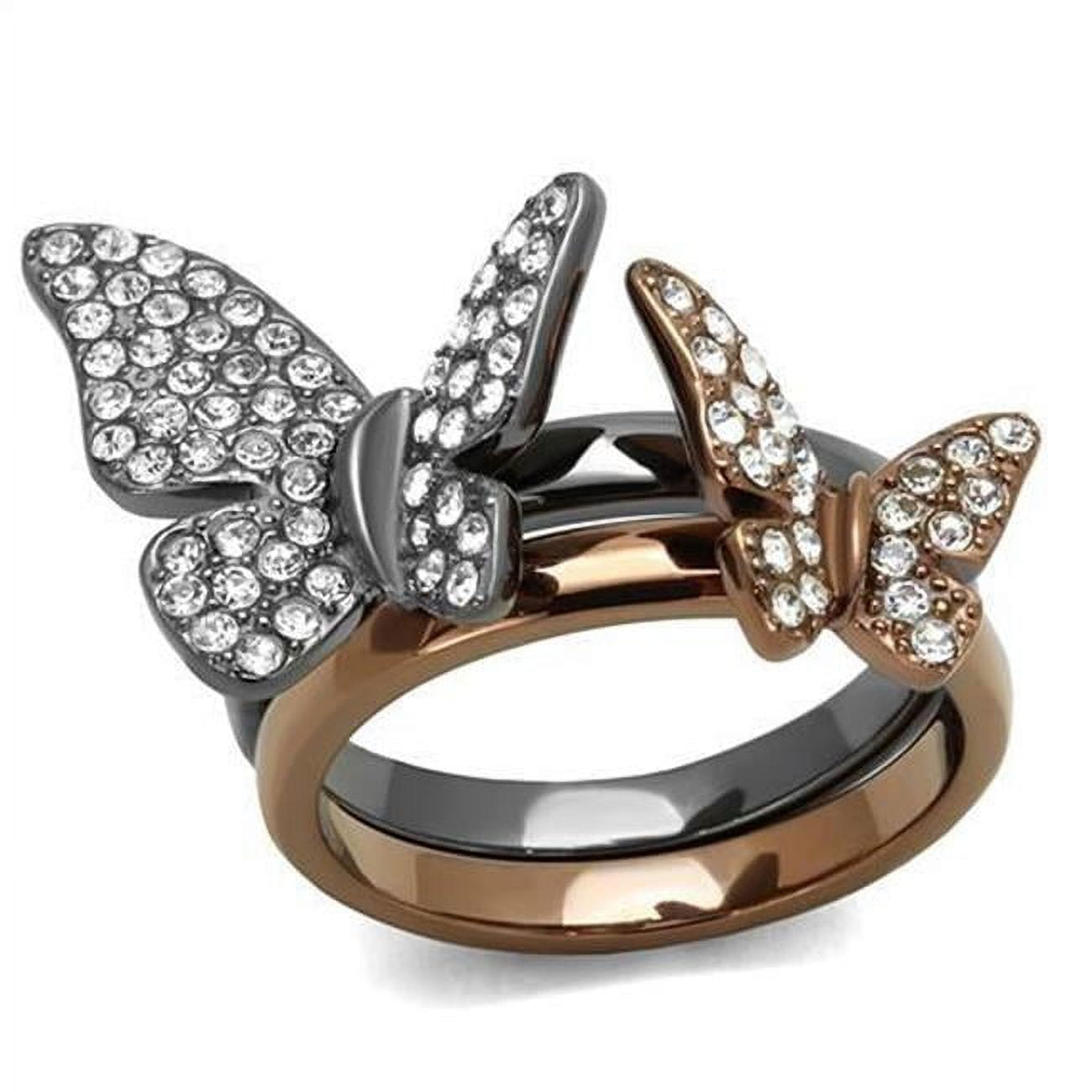 Women IP Light Black & IP Light Coffee Stainless Steel Ring with Top Grade Crystal in Clear - Size 9
