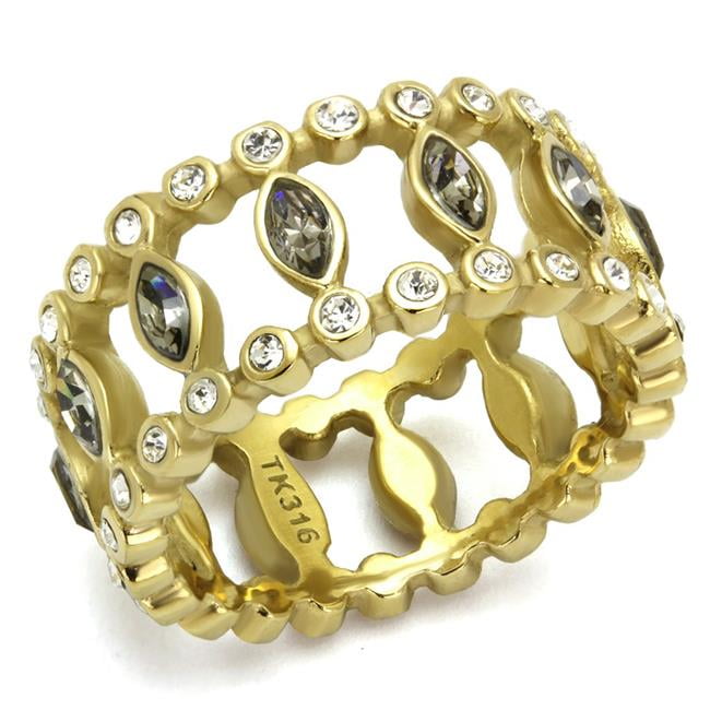 Women IP Gold Stainless Steel Ring with Top Grade Crystal in Black Diamond - Size 5