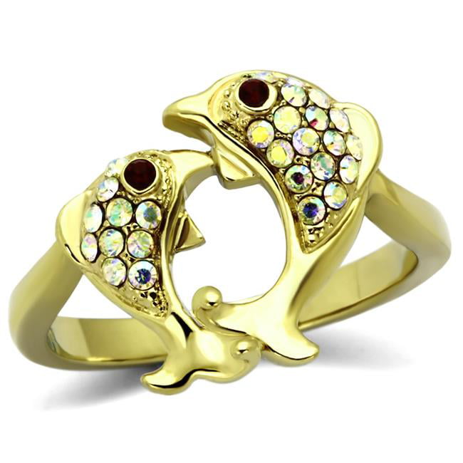 Women IP Gold Stainless Steel Ring with Top Grade Crystal in Multi Color - Size 8