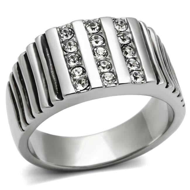 Men High Polished Stainless Steel Ring with Top Grade Crystal in Clear - Size 12