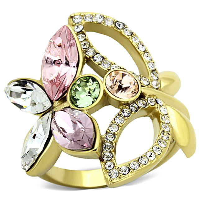 Women IP Gold Stainless Steel Ring with Top Grade Crystal in Multi Color - Size 5