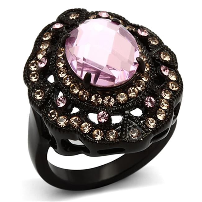 Women IP Black Stainless Steel Ring with Top Grade Crystal in Light Rose - Size 5