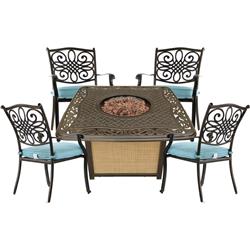 Trad5pccfp-blu Traditions 5 Piece Patio Fire Pit Chat Set In Blue & Bronze With 4 Cushioned Chairs & 30,000 Btu Cast-top Propane Fire Pit Table