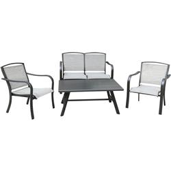Foxhill4pc-gry Foxhill 4 Piece Commercial-grade Patio Seating Set With 2 Sling Lounge Chairs, Sling Loveseat & A Slat-top Coffee Table - Grey