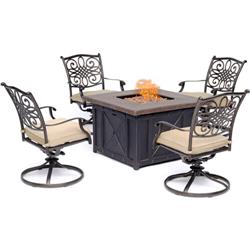 Trad5pcdsw4fp-tan Traditions 5 Piece Fire Pit Chat Set In Natural Oat With 4 Swivel Rockers & A 40 In. Square Durastone Fire Pit Table