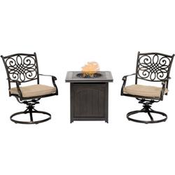 Trad3pcswfpsq-tan Traditions 3 Piece Fire Pit Chat Set In Natural Oat With 2 Swivel Rockers & A 26 In. Square Fire Pit Side Table