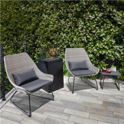 Accent4pcgfp-gry Woven Chat Set In Gray Featuring A 40,000 Btu Column Fire Pit With Glass Burner Enclosure - 4 Piece