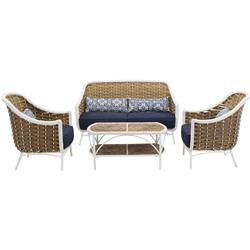 Seaside4pc-nvy Seaside Wicker Patio Conversation Set With Navy Blue Cushions - 4 Piece