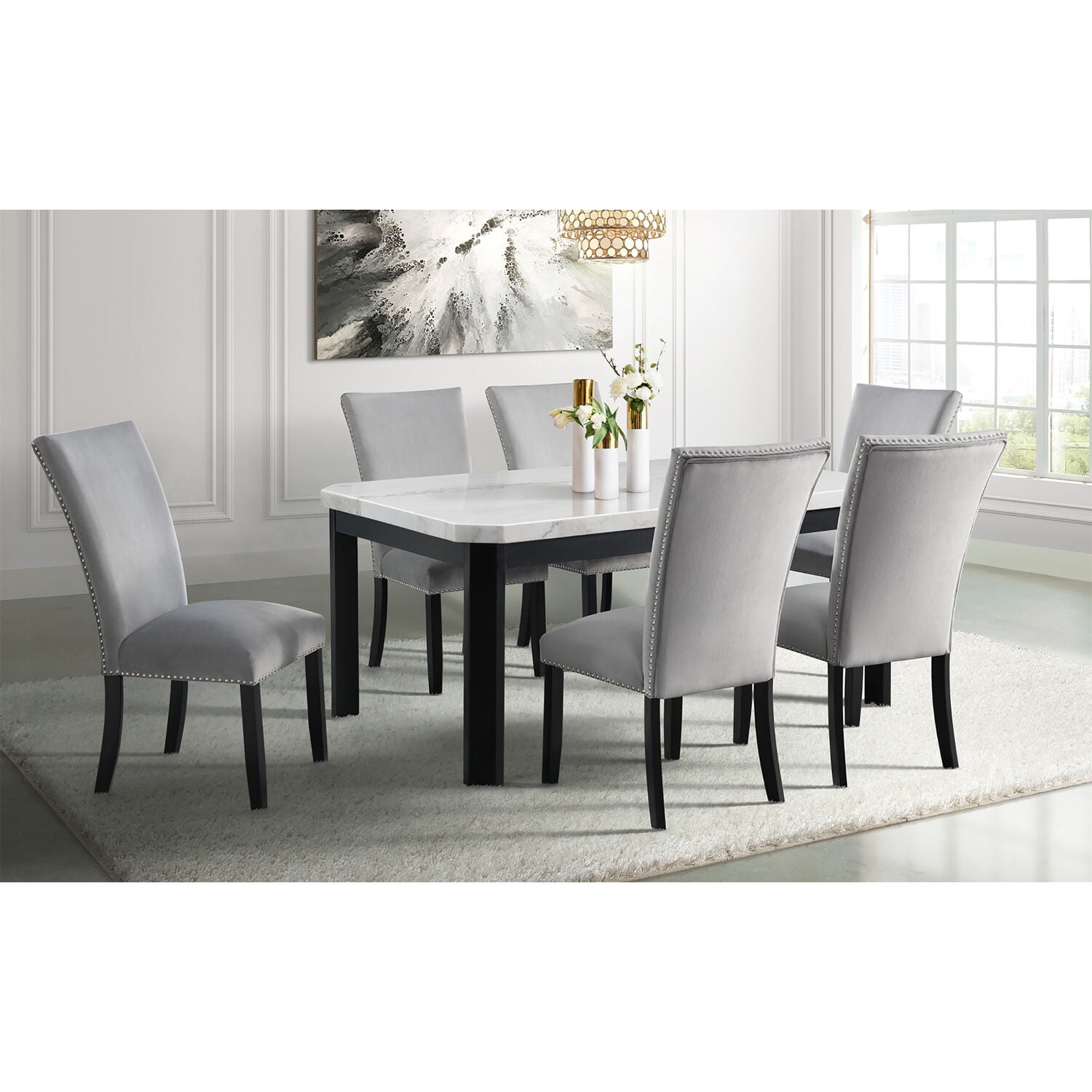 Cmf 982004-7pc-gry Solano Dining Set With Table & 6 Fabric Side Chairs, Gray - 7 Piece