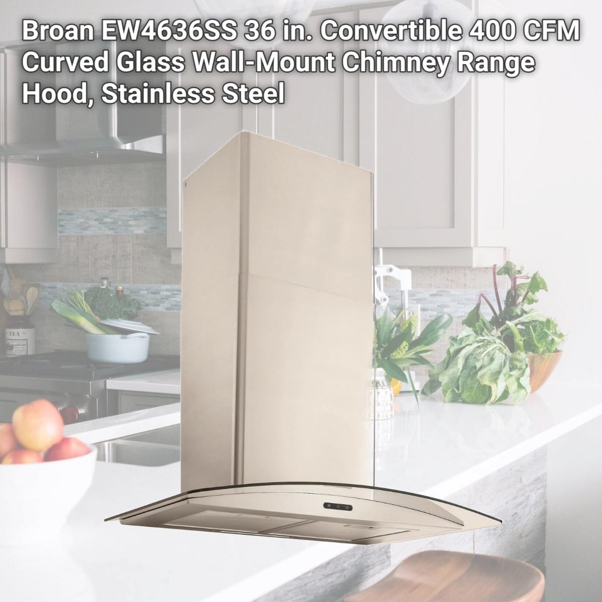 Picture of Broan EW4636SS 36 in. Convertible 400 CFM Curved Glass Wall-Mount Chimney Range Hood, Stainless Steel