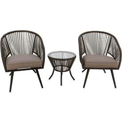 Mod Ella3pc-tan Ella Bistro Chat Set With Rope Chairs - Thick Cushions & Glass Top Side Table, Grey & Tan - 3 Piece