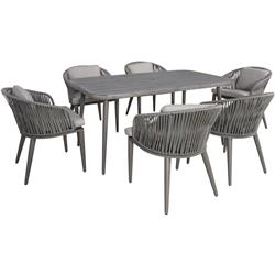 Mod Rlydn7pc-gry Riley Mid-century Modern Outdoor Dining Set With 6 Rope Cushioned Chairs & 63 X 35 In. Faux Wood Top Table, Gray - 7 Piece