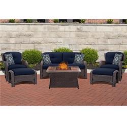 Strath6pcfp-nvy-wg Strathmere Lounge Sofa Set With Wood Grain Tile Top Fire Pit Table, Navy Blue - 6 Piece