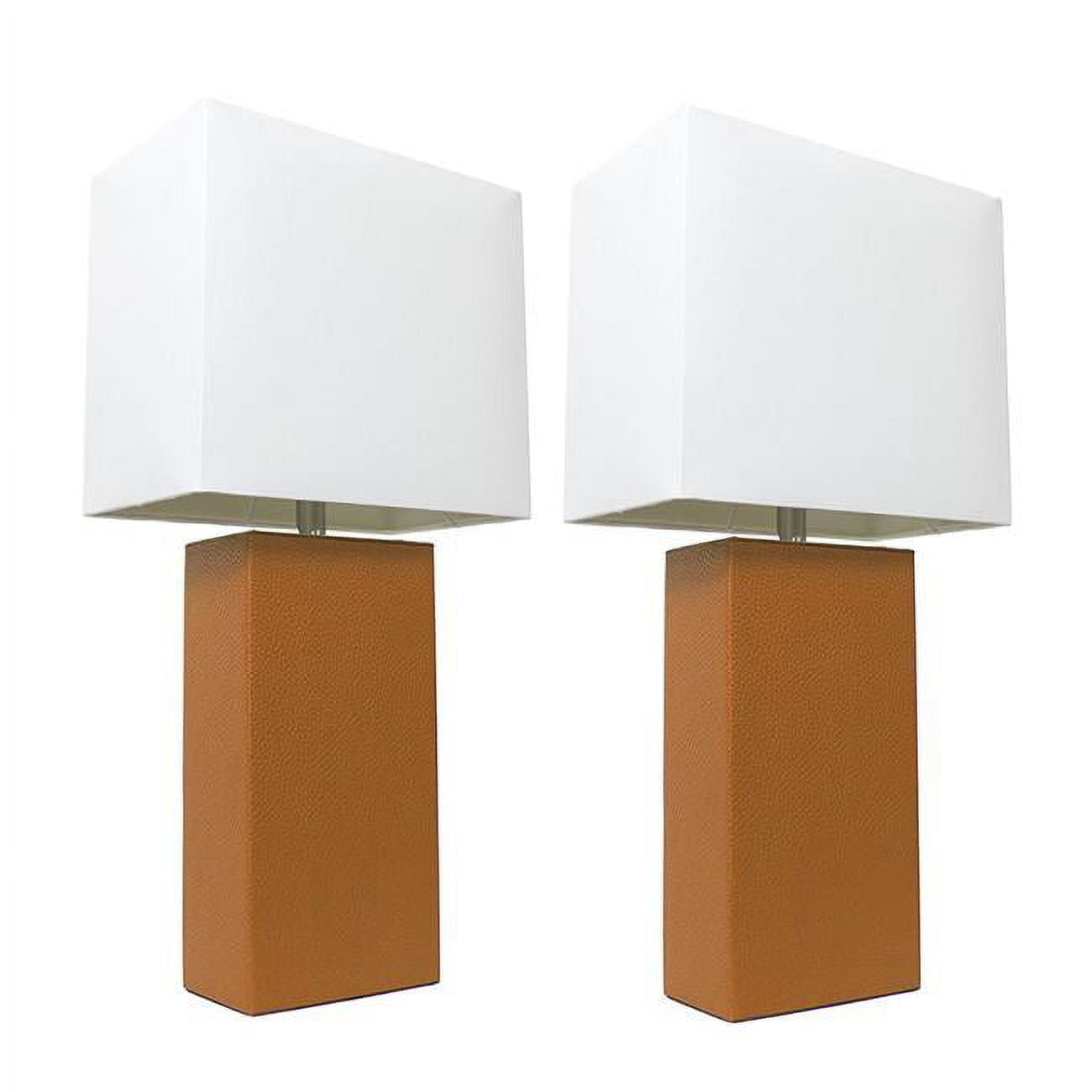 Alltherages Lc2000-tan-2pk Elegant Designs Modern Leather Table Lamp With White Fabric Shade - Tan, Pack Of 2