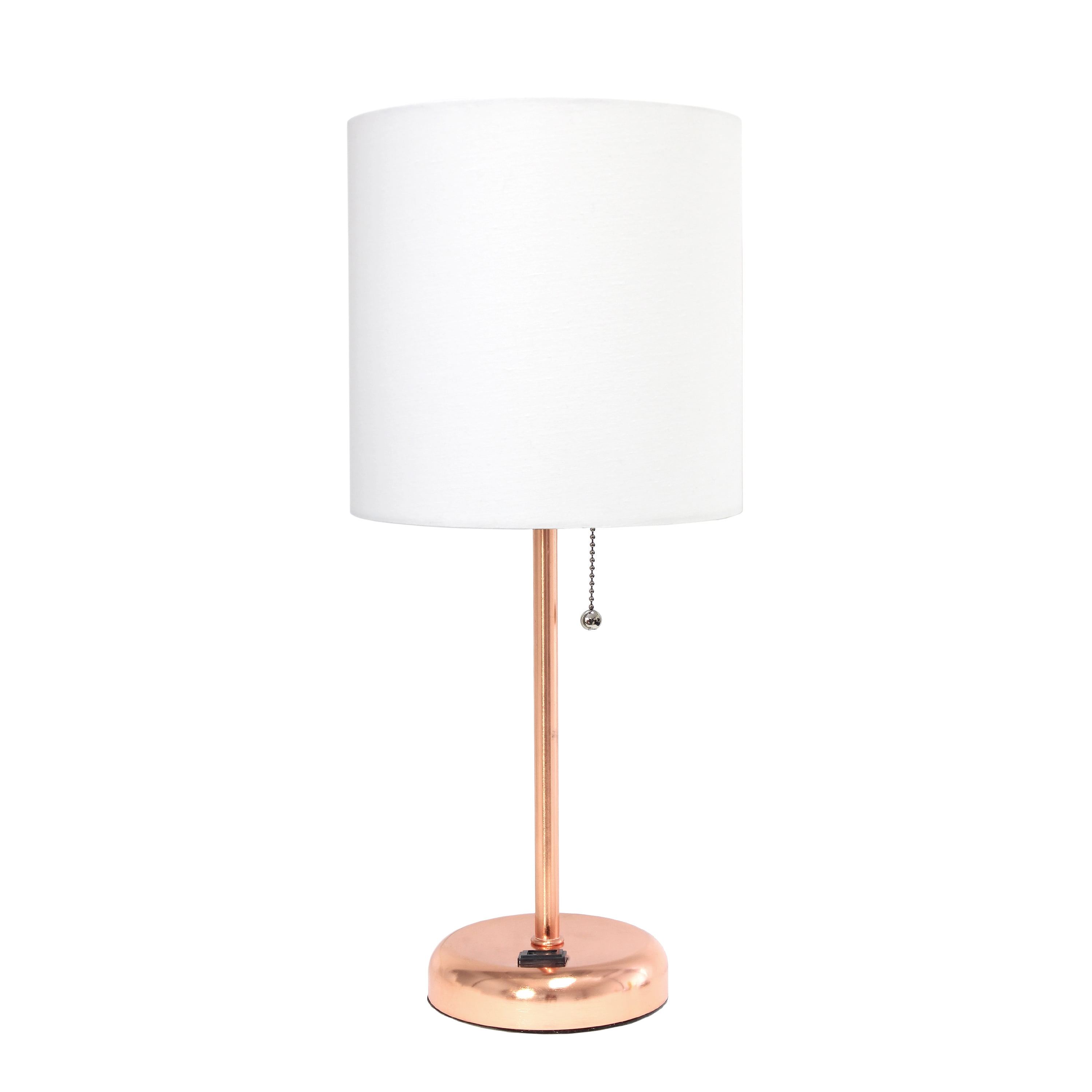 Lt2024-rgd Rose Gold Stick Table Lamp With Charging Outlet & Fabric Shade, White