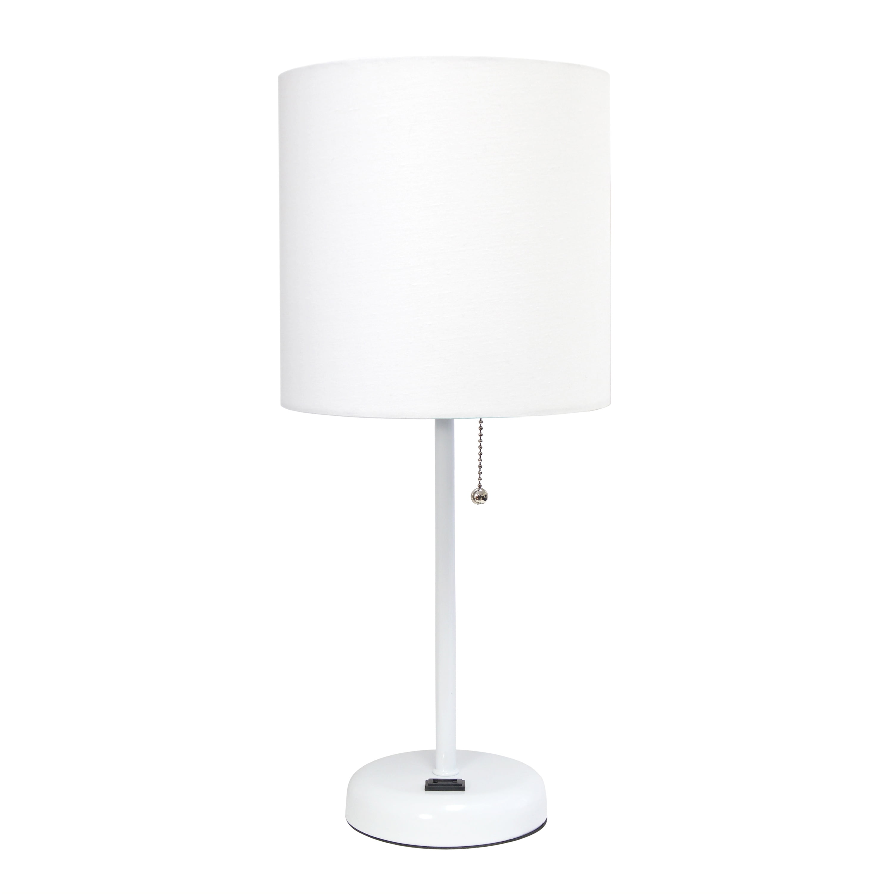 Lt2024-wow White Stick Table Lamp With Charging Outlet & Fabric Shade, White