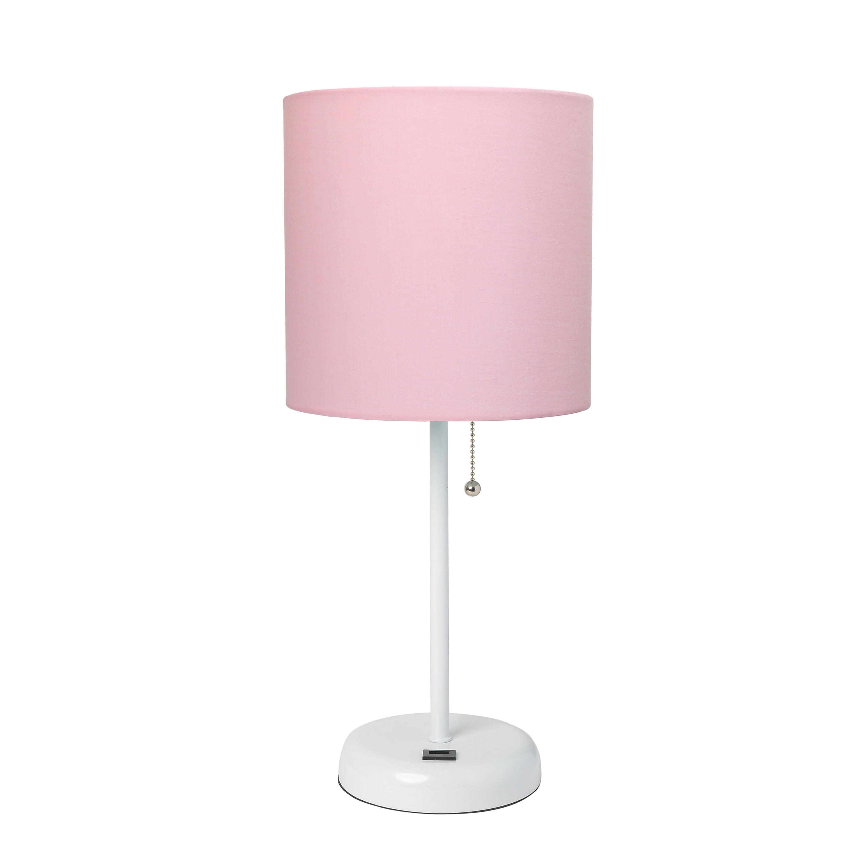 Lt2044-pow White Stick With Usb Charging Port & Fabric Shade Table Lamp, Light Pink