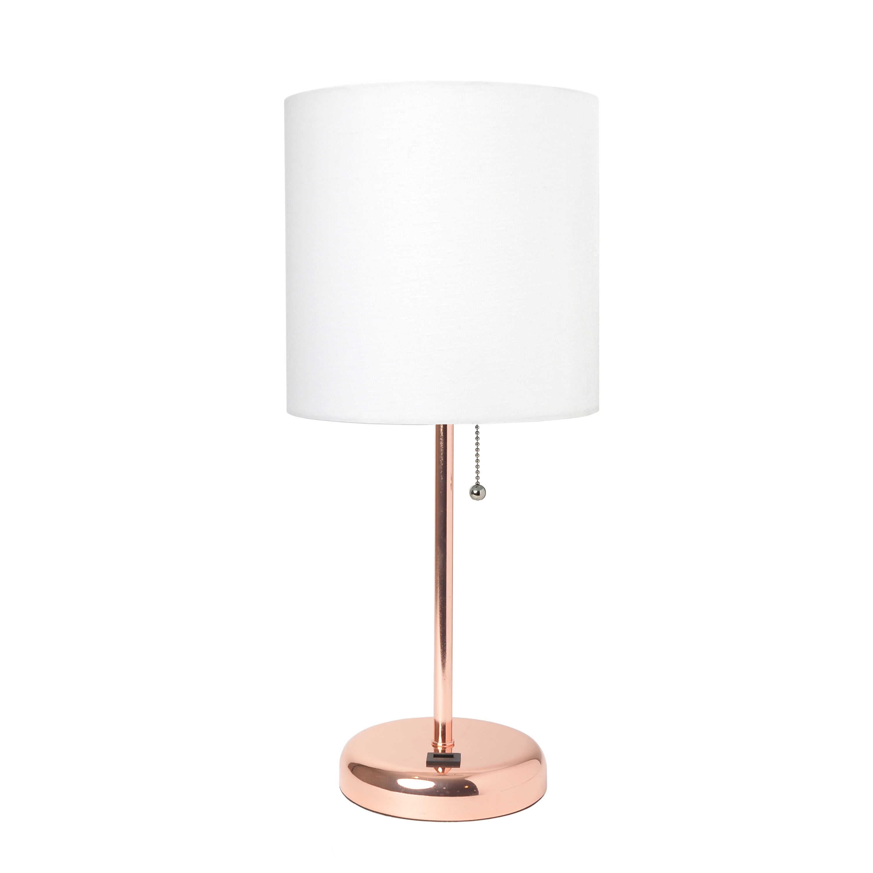 Lt2044-rgd Rose Gold Stick Table Lamp With Usb Charging Port & Fabric Shade, White