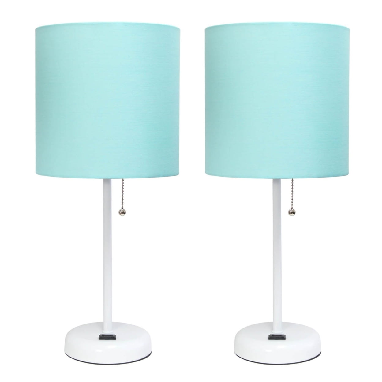 Lc2001-aow-2pk White Stick Table Lamp With Charging Outlet & Fabric Shade, Aqua - Set Of 2