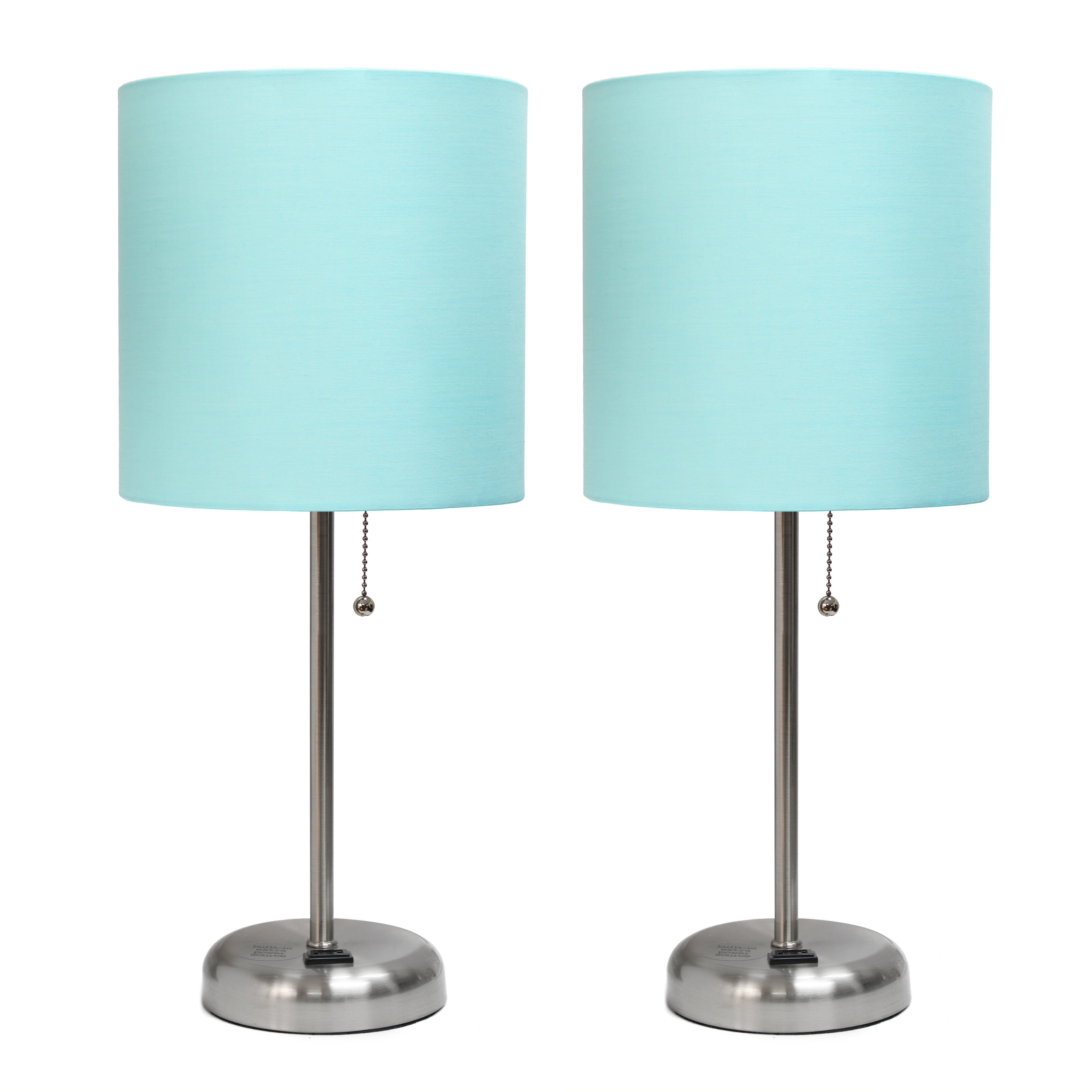 Lc2001-aqu-2pk Brushed Steel Stick Table Lamp With Charging Outlet & Fabric Shade, Aqua - Set Of 2