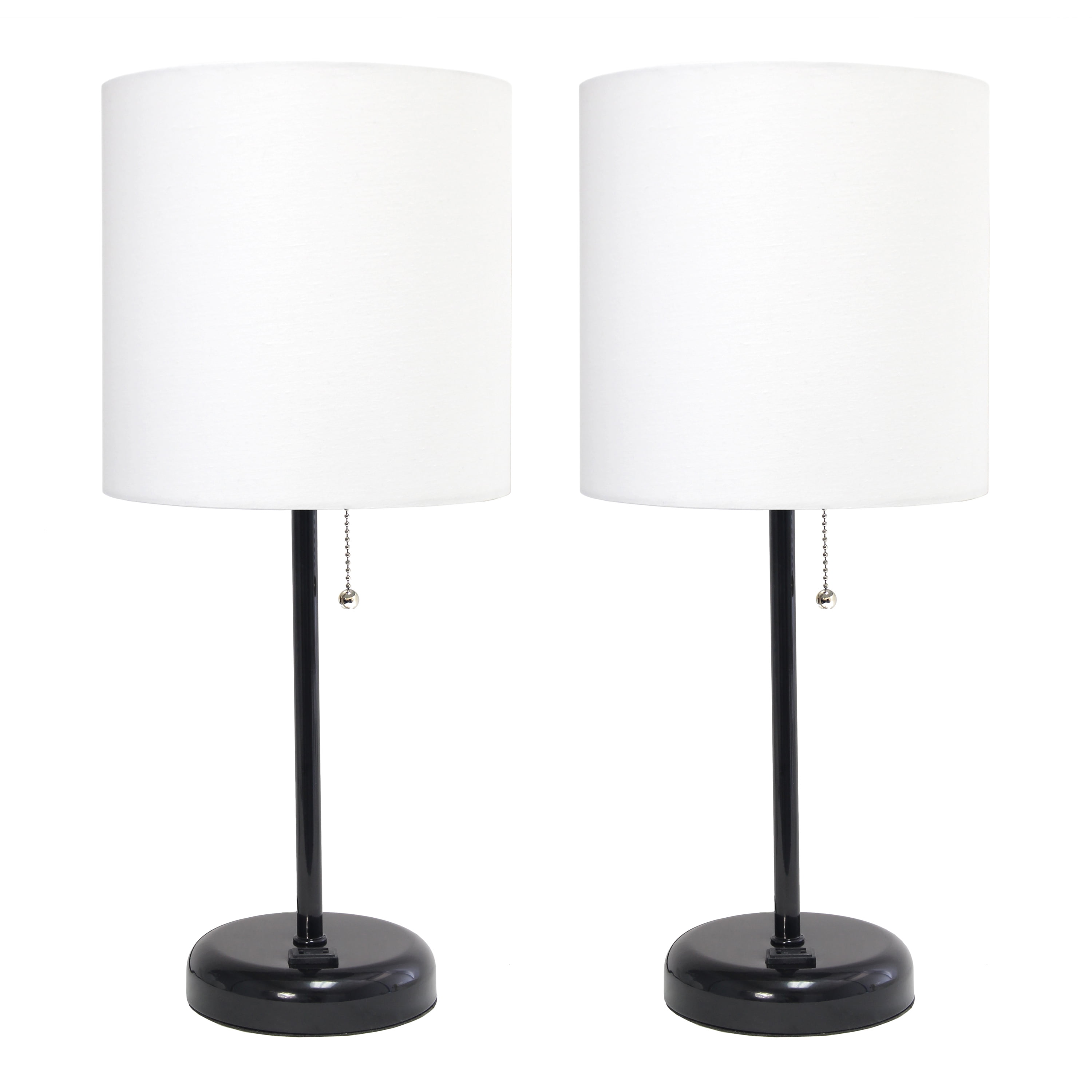 Lc2001-baw-2pk Black Stick Table Lamp With Charging Outlet & Fabric Shade, White - Set Of 2