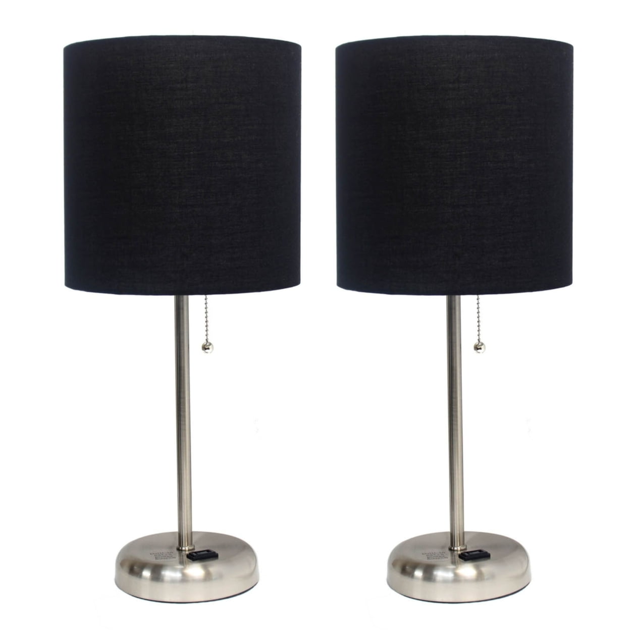 Lc2001-blk-2pk Brushed Steel Stick Table Lamp With Charging Outlet & Fabric Shade, Black - Set Of 2