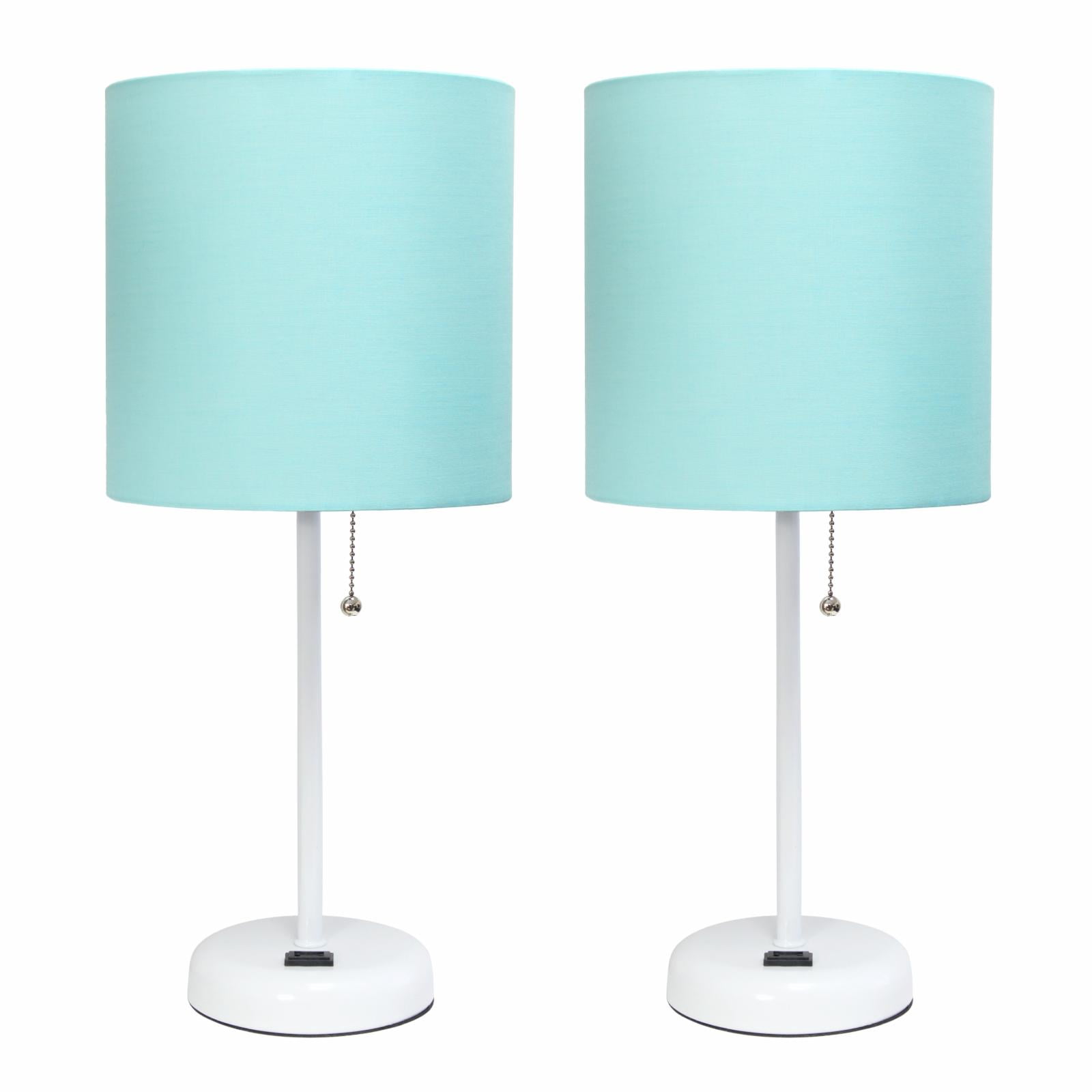 Lc2001-blu-2pk Brushed Steel Stick Table Lamp With Charging Outlet & Fabric Shade, Blue - Set Of 2