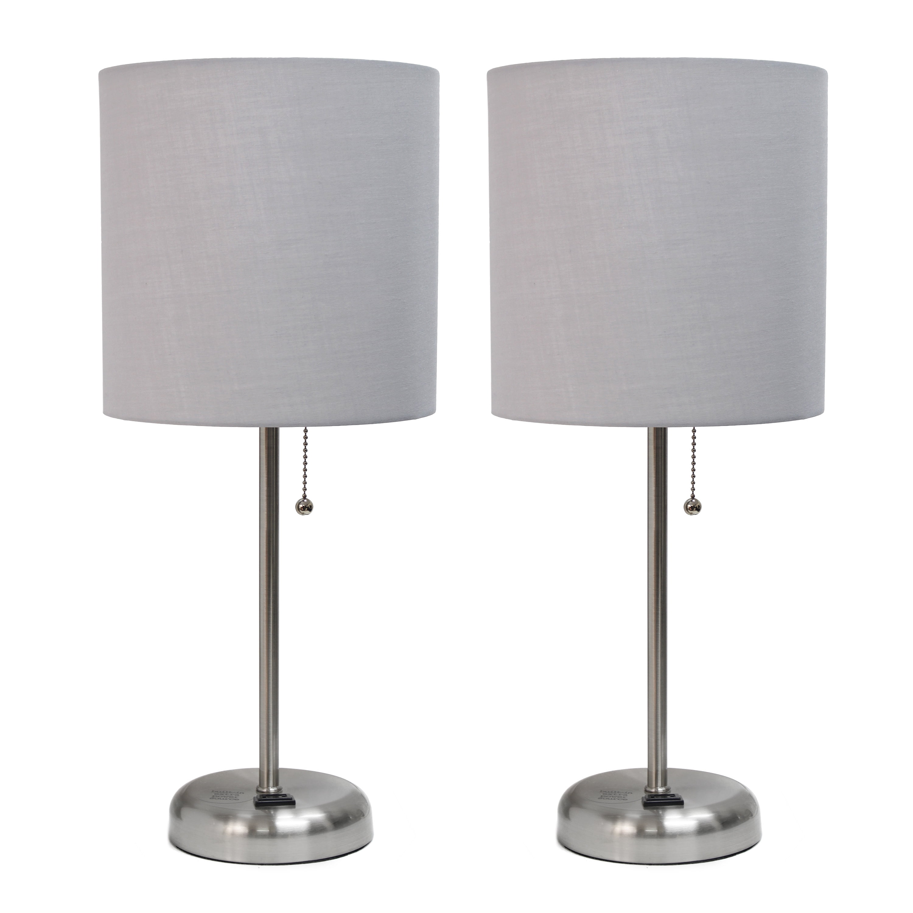 Lc2001-gry-2pk Brushed Steel Stick Table Lamp With Charging Outlet & Fabric Shade, Gray - Set Of 2