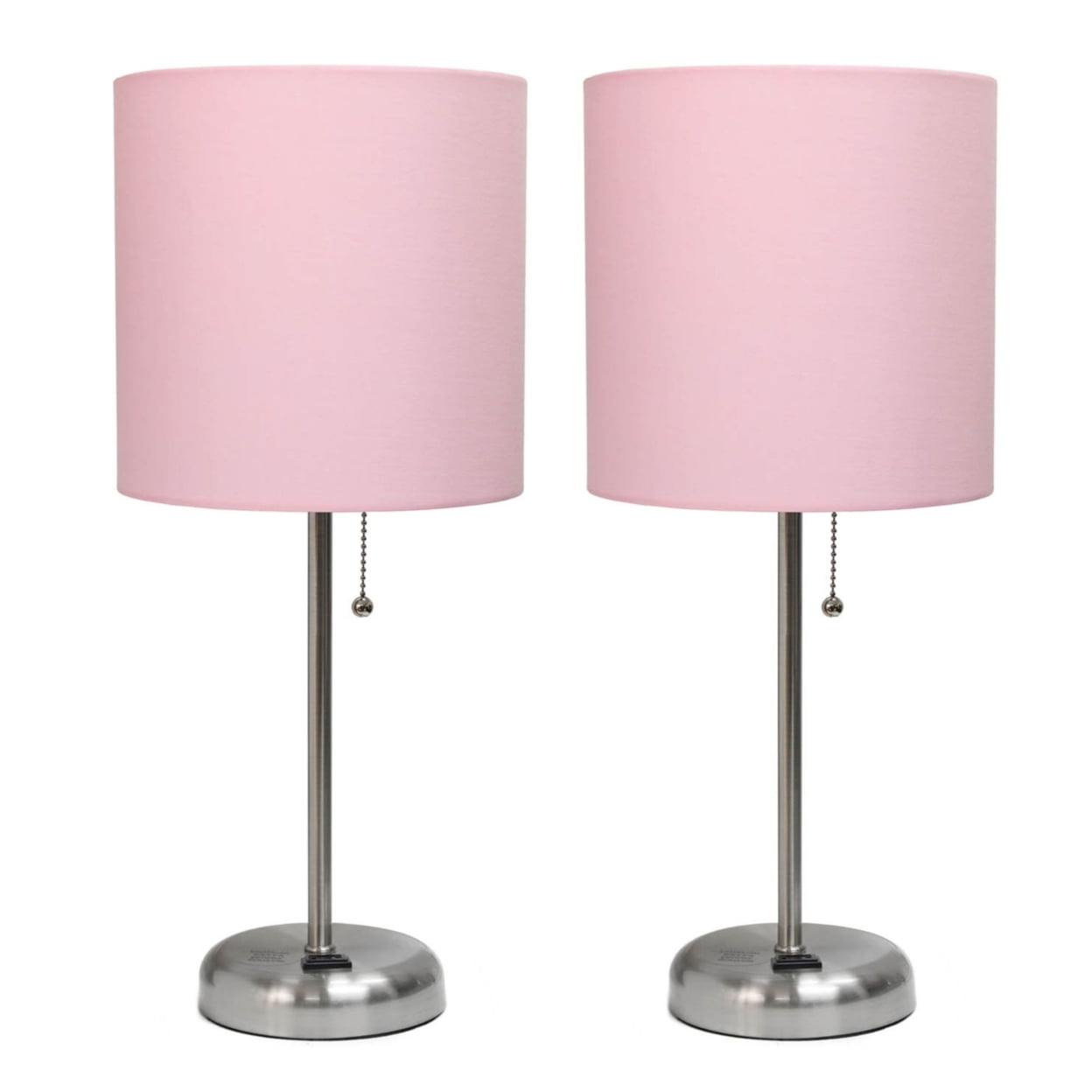 Lc2001-lpk-2pk Brushed Steel Stick Table Lamp With Charging Outlet & Fabric Shade, Light Pink - Set Of 2