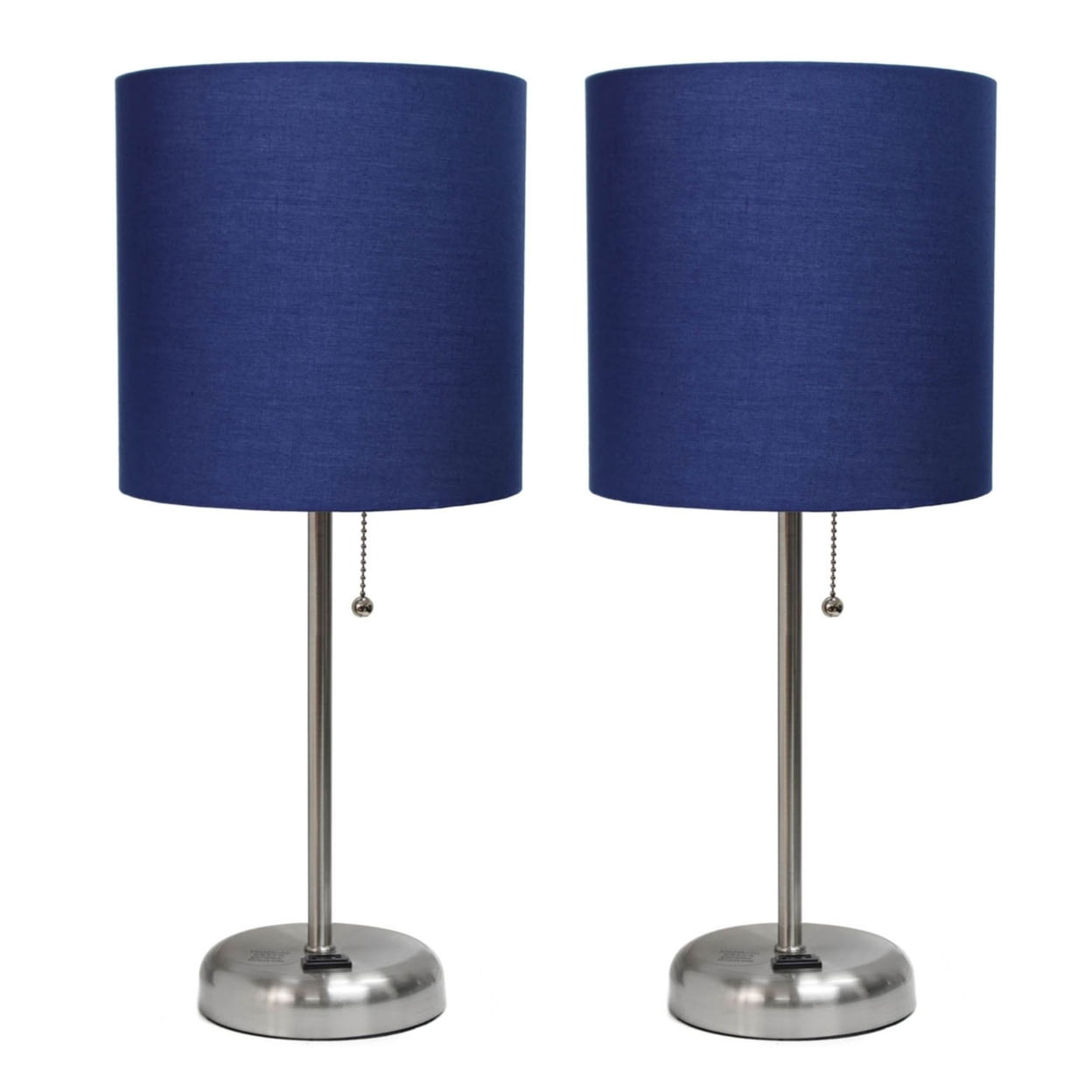 Lc2001-nav-2pk Brushed Steel Stick Table Lamp With Charging Outlet & Fabric Shade, Navy - Set Of 2