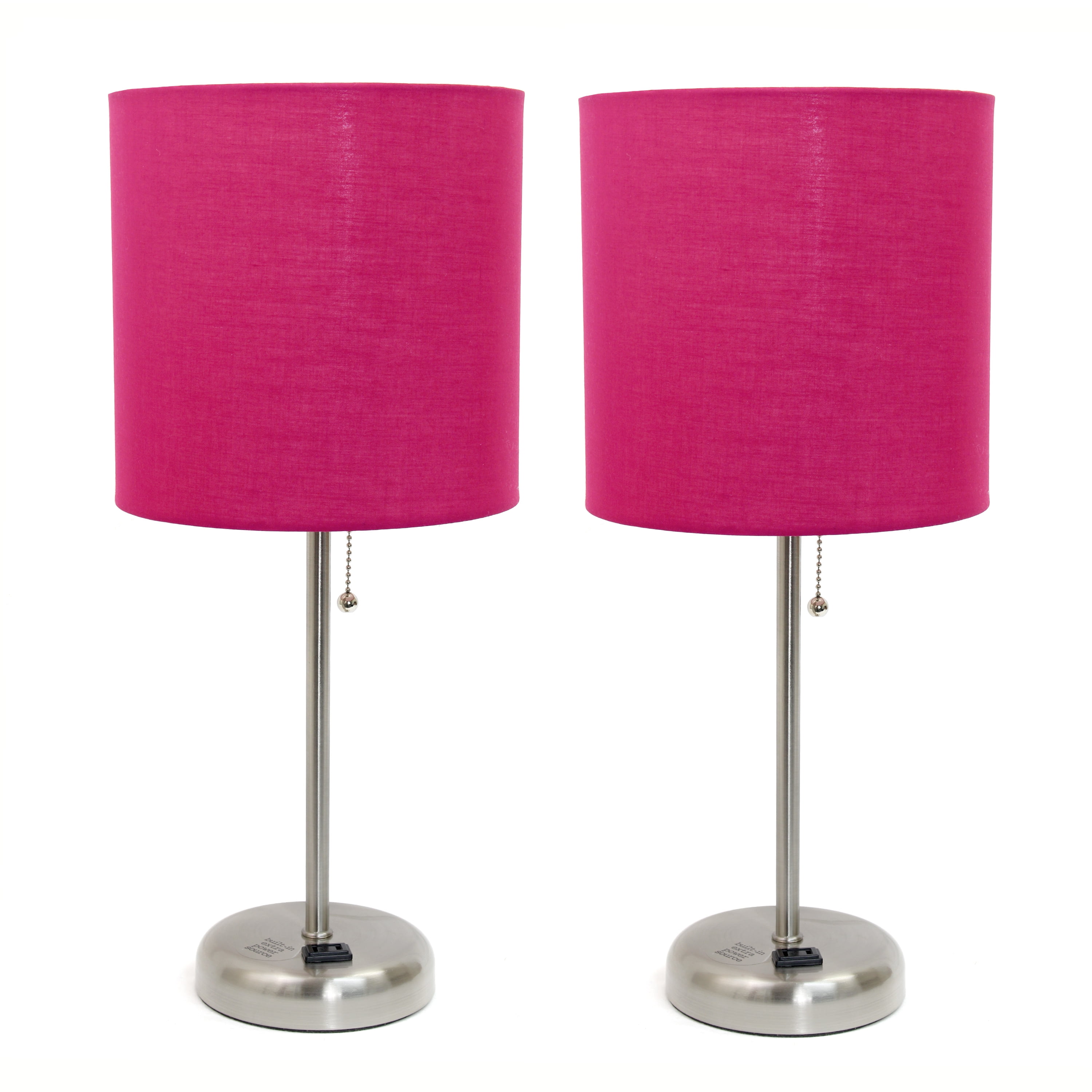 Lc2001-pnk-2pk Brushed Steel Stick Table Lamp With Charging Outlet & Fabric Shade, Pink - Set Of 2