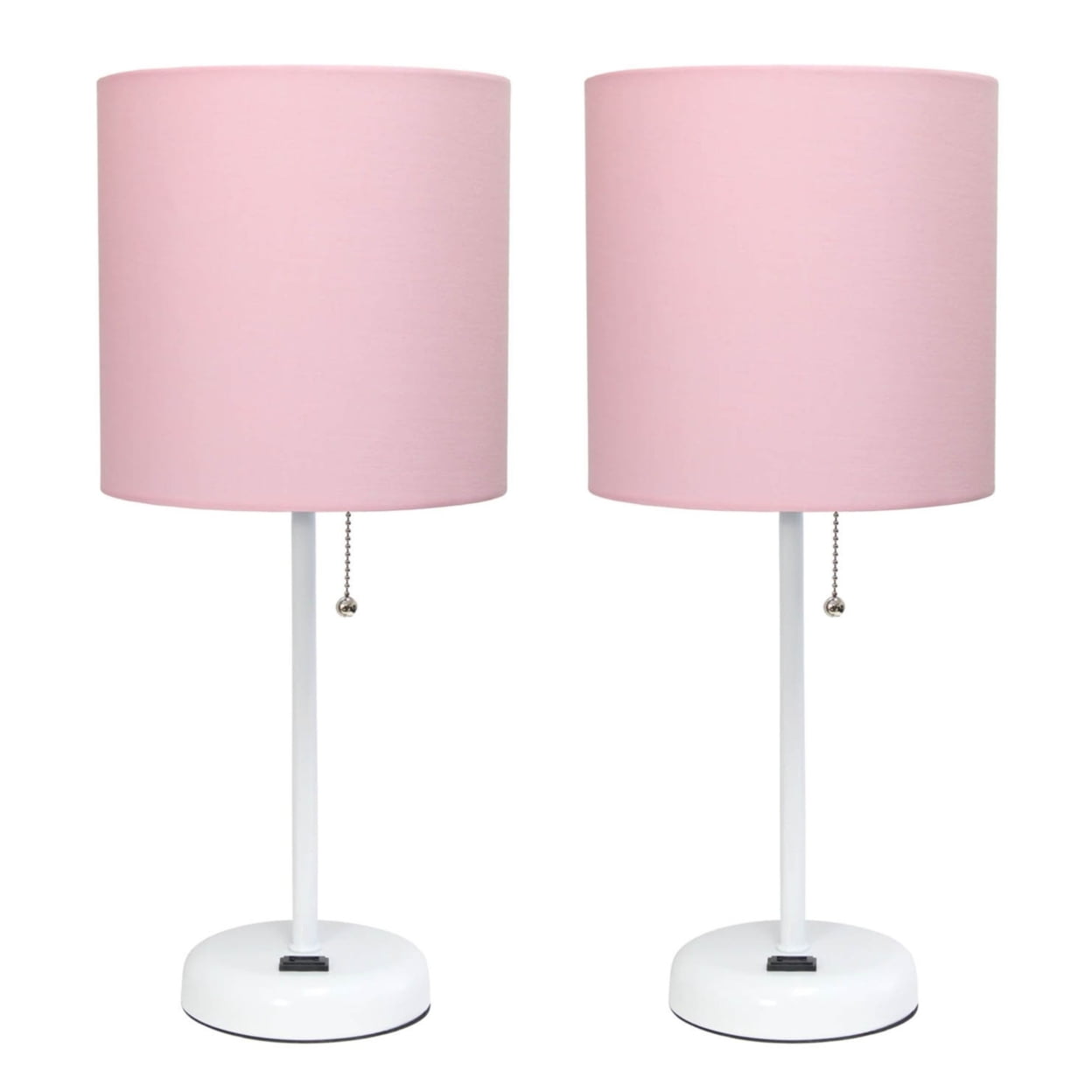 Lc2001-pow-2pk White Stick Table Lamp With Charging Outlet & Fabric Shade, Pink - Set Of 2