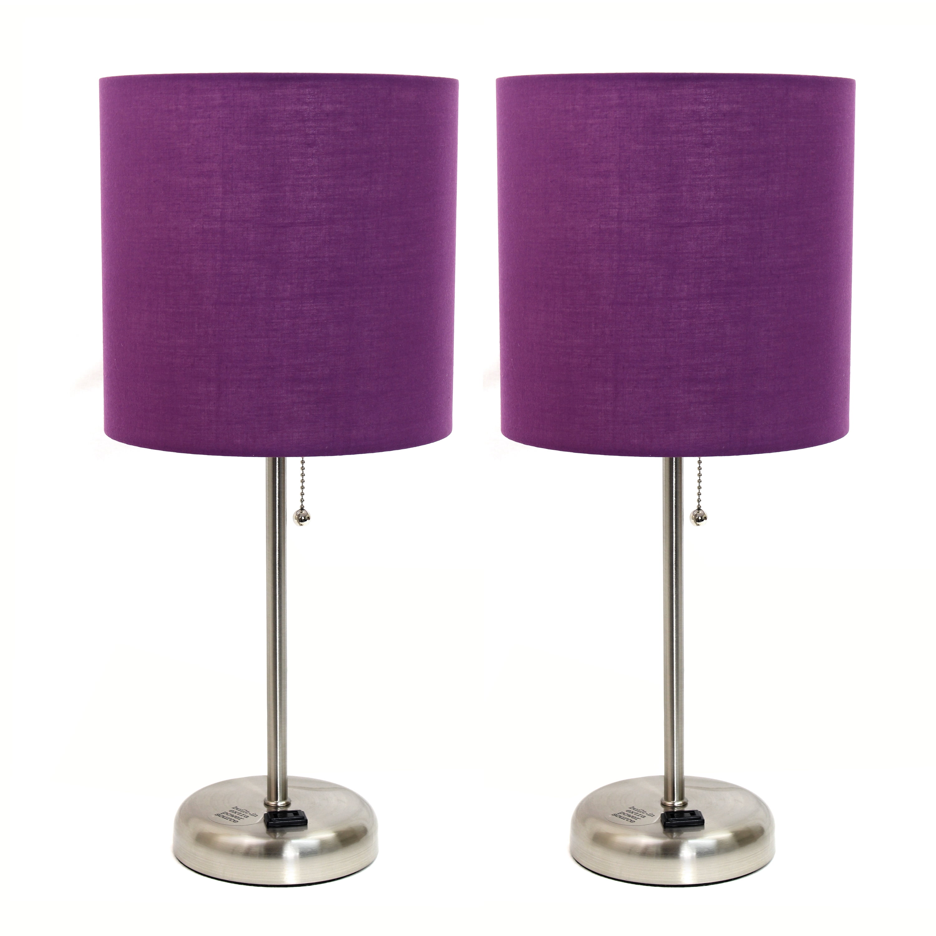 Lc2001-prp-2pk Brushed Steel Stick Table Lamp With Charging Outlet & Fabric Shade, Purple - Set Of 2