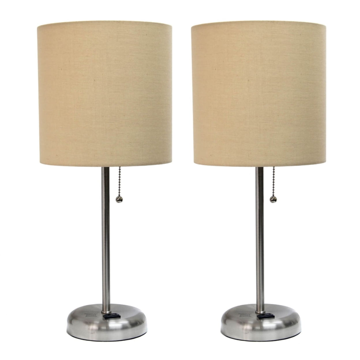 Lc2001-tan-2pk Brushed Steel Stick Table Lamp With Charging Outlet & Fabric Shade, Tan - Set Of 2