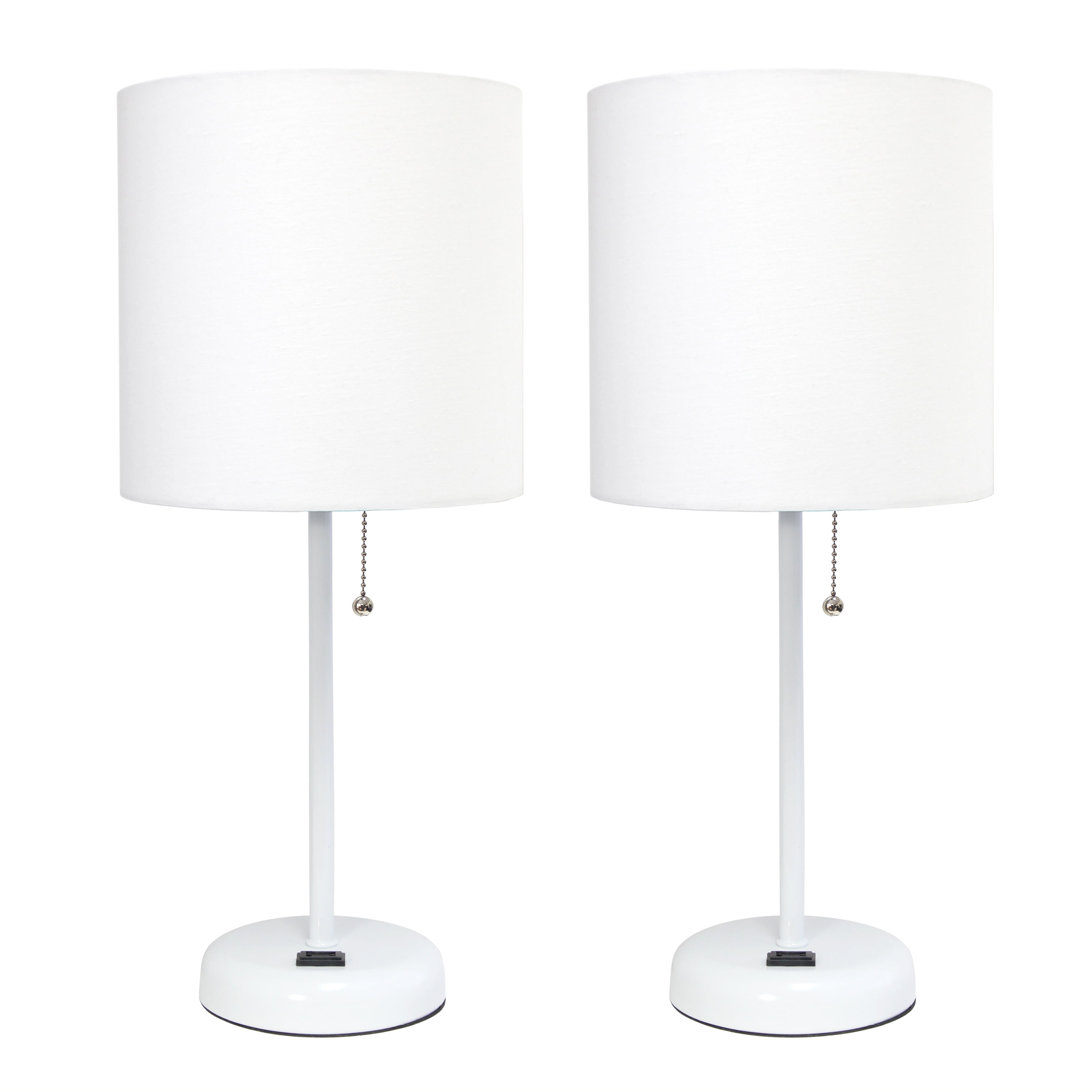 Lc2001-wow-2pk White Stick Table Lamp With Charging Outlet & Fabric Shade, White - Set Of 2