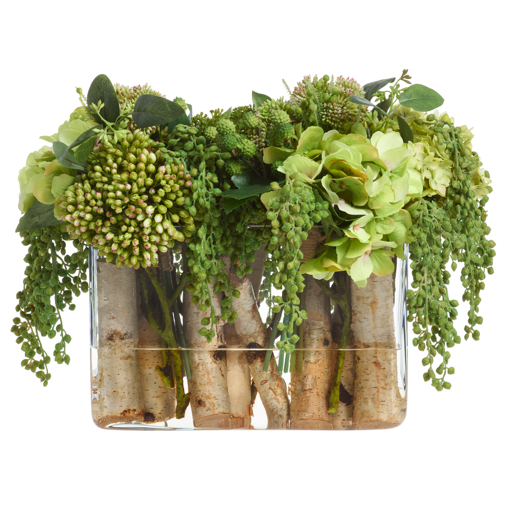 Allstate Floral & Craft WF0803-GR-TT 13 x 18 x 22 in. Hydrangea Sedum Arrangement in Glass Vase, Green Two Tone