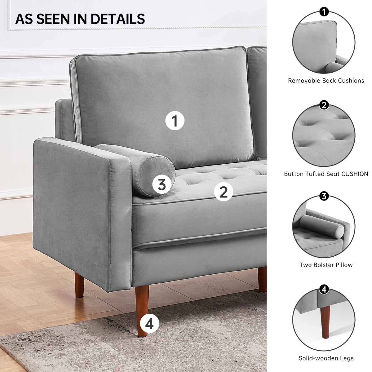 SS2788V-GY3S 69 in. OS Home & Office Furniture Wide Upholstered Two Cushion Sofa with Bolster Pillows, Grey Velvet