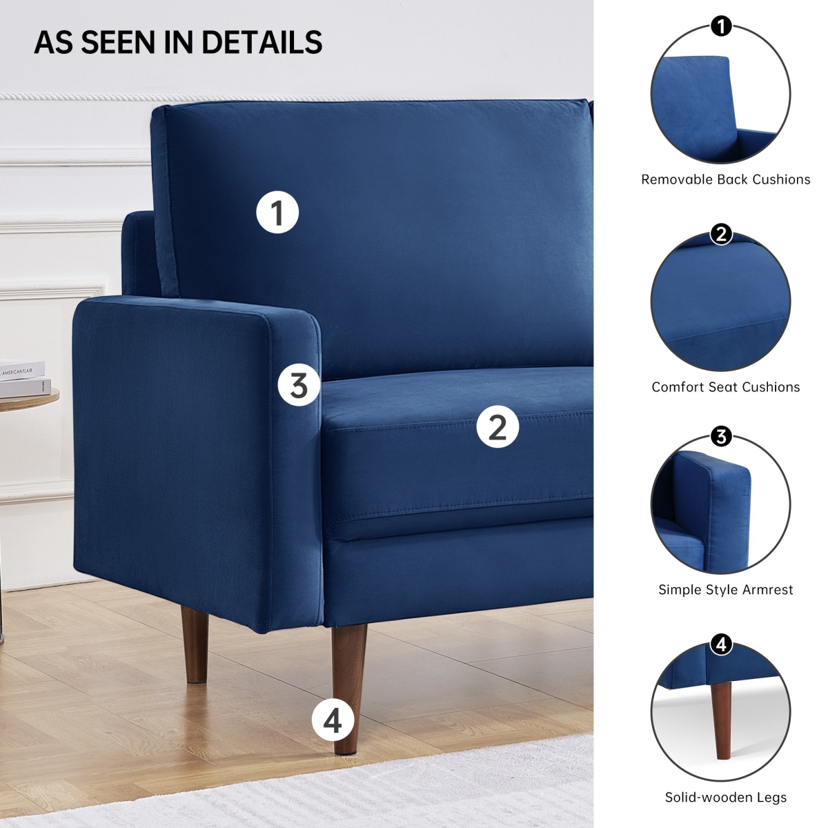 SS2789V-BU3S 69 in. OS Home & Office Furniture Wide Upholstered Two Cushion Sofa with Square Arms, Blue Velvet