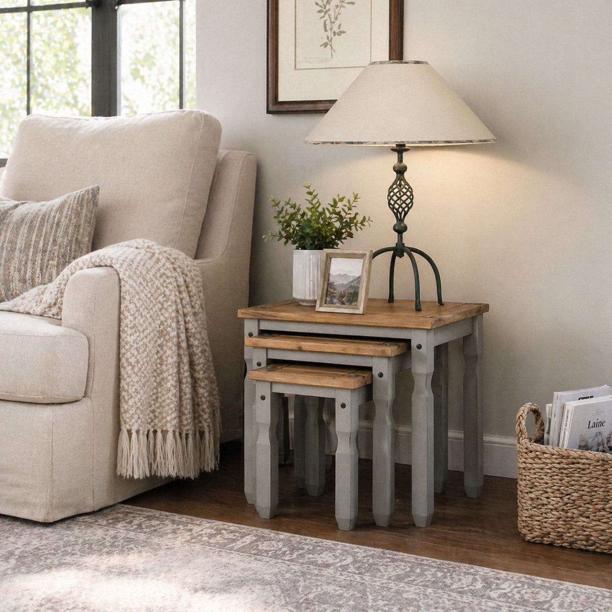 CGI997 3 Piece Farmhouse Nesting Side Table Set with Solid Pine Wood End Table, Corona Gray & Rustic Wood Top