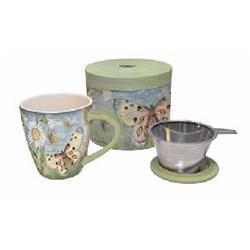 Tea Infuser Mug Set-butterfly Daisy With Cover & Strainer-gift Boxed
