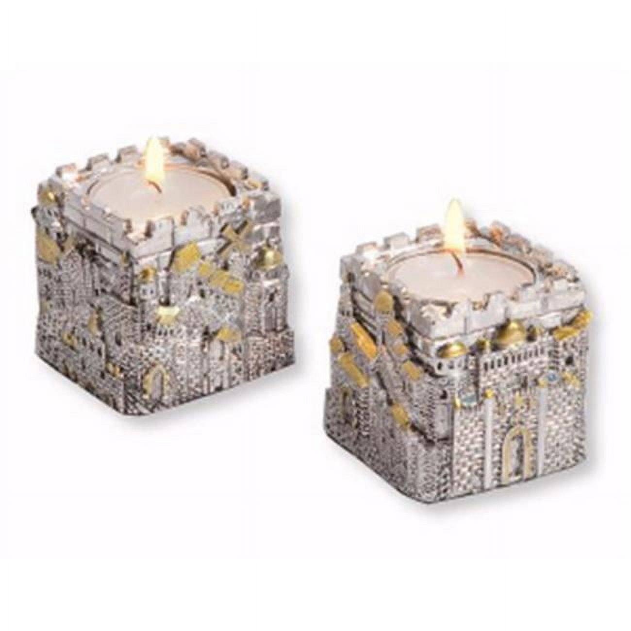 196424 Candleholder Jerusalem City Cubic Silverplated Polyresin, Pack Of 2